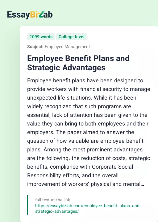 Employee Benefit Plans and Strategic Advantages - Essay Preview