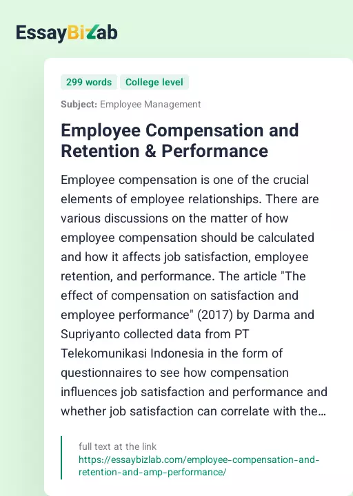 Employee Compensation and Retention & Performance - Essay Preview