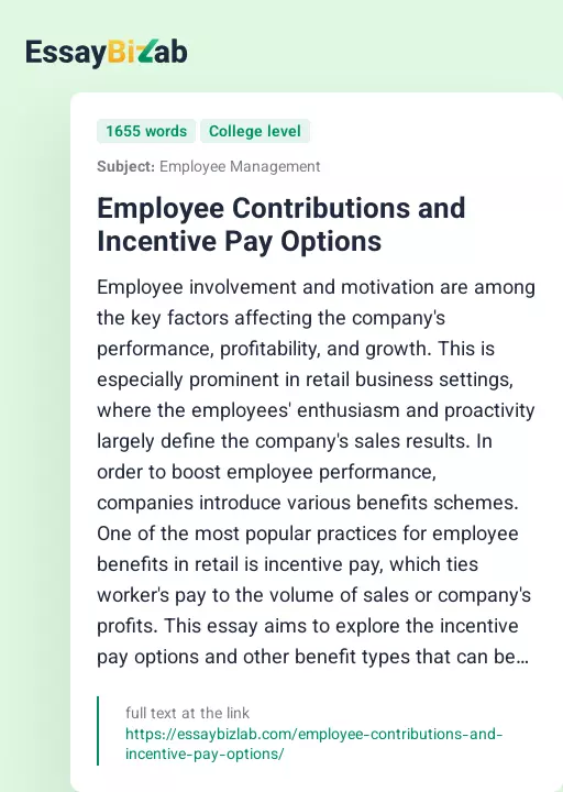 Employee Contributions and Incentive Pay Options - Essay Preview