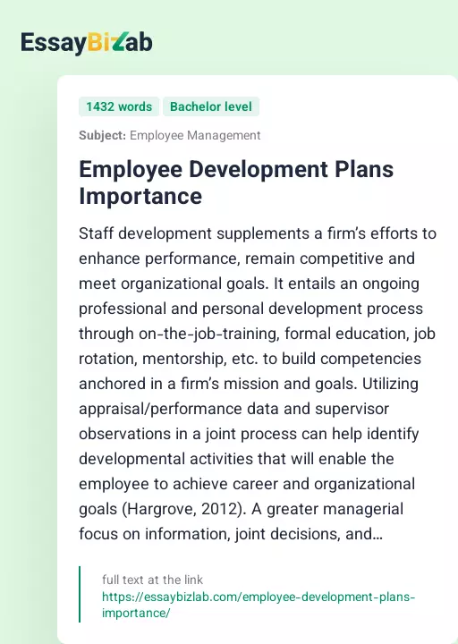 Employee Development Plans Importance - Essay Preview