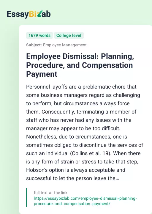 Employee Dismissal: Planning, Procedure, and Compensation Payment - Essay Preview