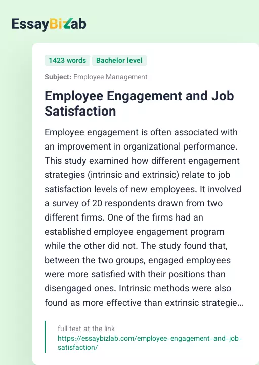 Employee Engagement and Job Satisfaction - Essay Preview
