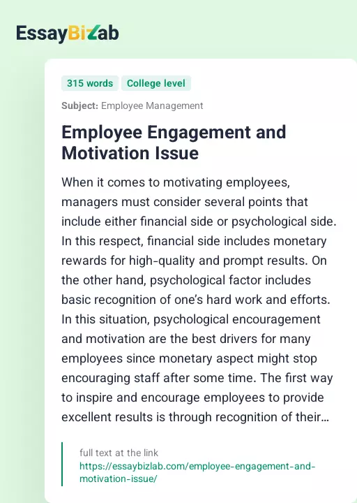 Employee Engagement and Motivation Issue - Essay Preview