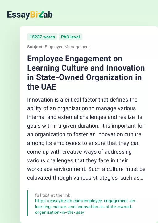Employee Engagement on Learning Culture and Innovation in State-Owned Organization in the UAE - Essay Preview