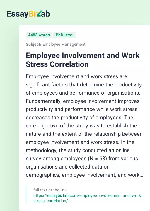 Employee Involvement and Work Stress Correlation - Essay Preview