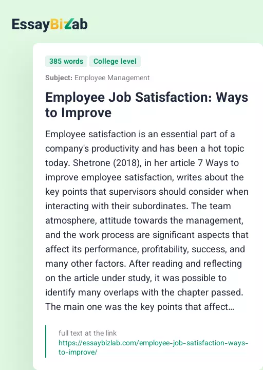 Employee Job Satisfaction: Ways to Improve - Essay Preview
