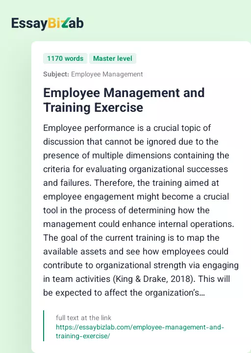 Employee Management and Training Exercise - Essay Preview