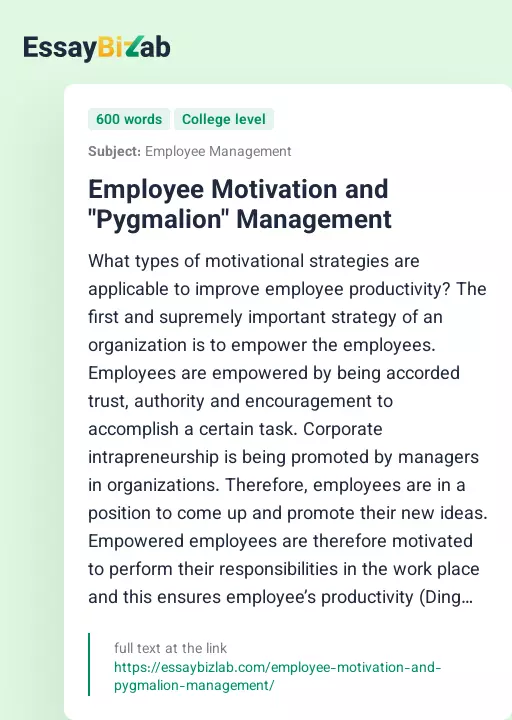 Employee Motivation and "Pygmalion" Management - Essay Preview