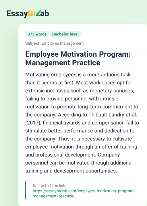 Employee Motivation Program: Management Practice - Essay Preview