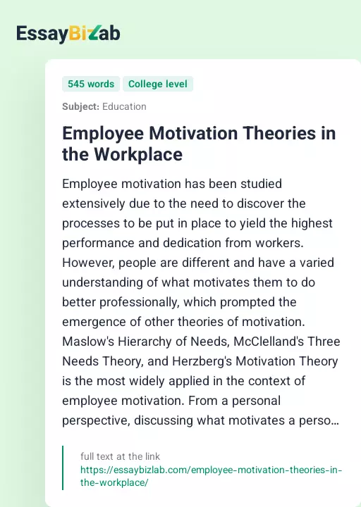 Employee Motivation Theories in the Workplace - Essay Preview