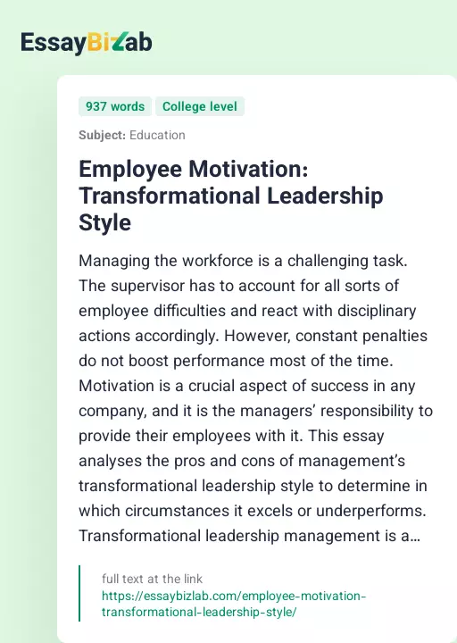 Employee Motivation: Transformational Leadership Style - Essay Preview
