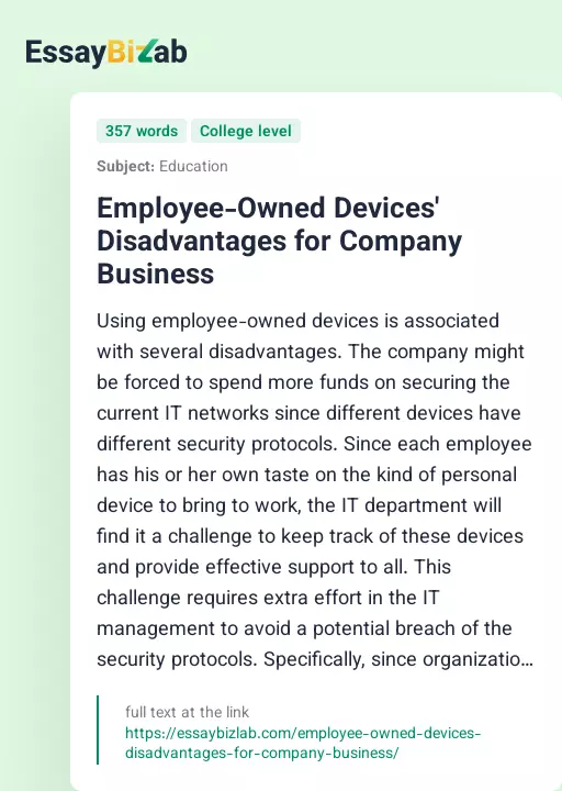 Employee-Owned Devices' Disadvantages for Company Business - Essay Preview