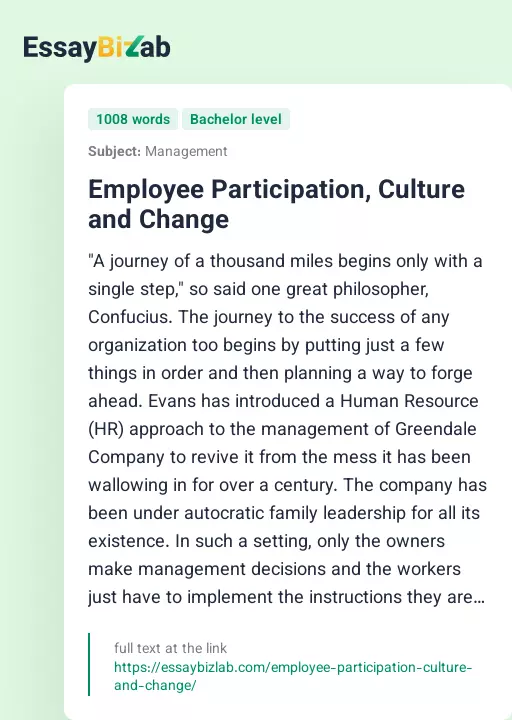 Employee Participation, Culture and Change - Essay Preview
