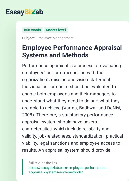 Employee Performance Appraisal Systems and Methods - Essay Preview