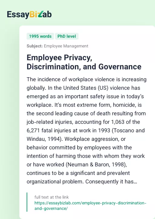 Employee Privacy, Discrimination, and Governance - Essay Preview
