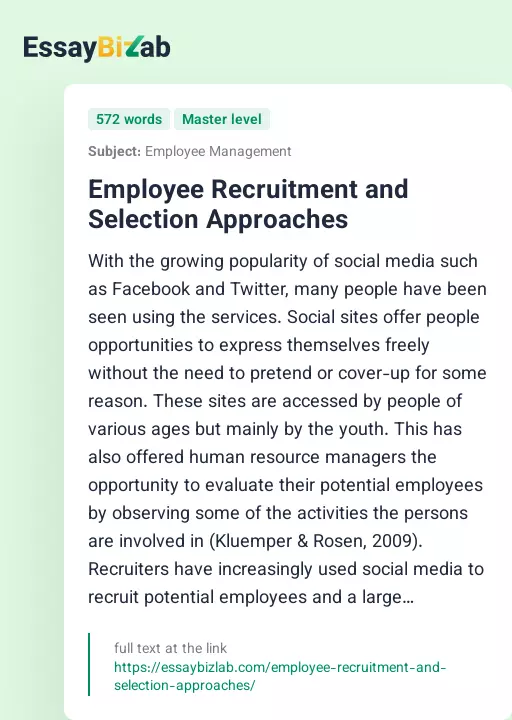 Employee Recruitment and Selection Approaches - Essay Preview