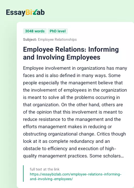 Employee Relations: Informing and Involving Employees - Essay Preview