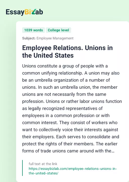 Employee Relations. Unions in the United States - Essay Preview