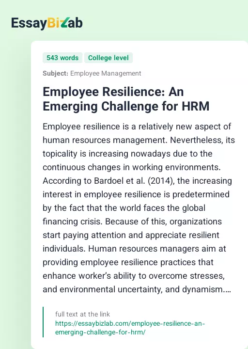 Employee Resilience: An Emerging Challenge for HRM - Essay Preview