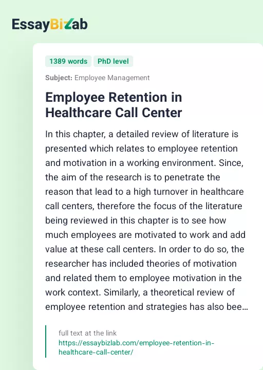 Employee Retention in Healthcare Call Center - Essay Preview