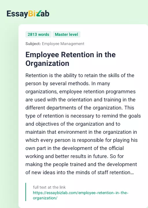 Employee Retention in the Organization - Essay Preview
