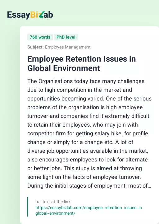 Employee Retention Issues in Global Environment - Essay Preview