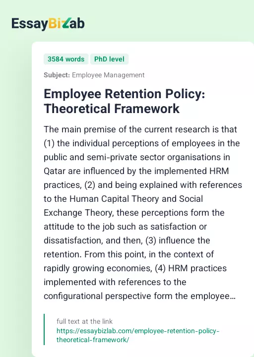 Employee Retention Policy: Theoretical Framework - Essay Preview
