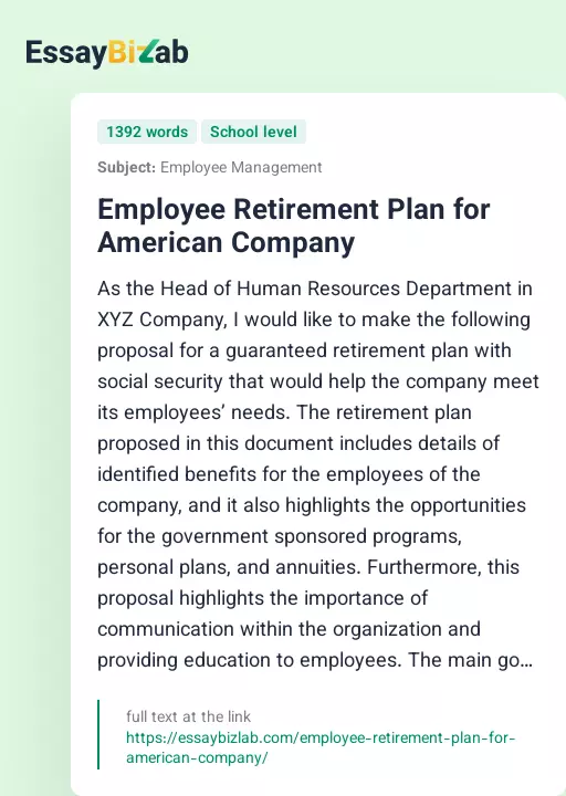 Employee Retirement Plan for American Company - Essay Preview