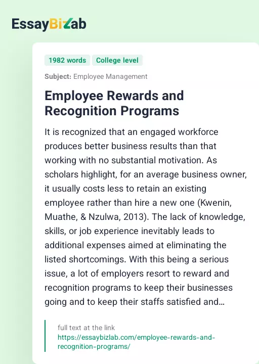 Employee Rewards and Recognition Programs - Essay Preview