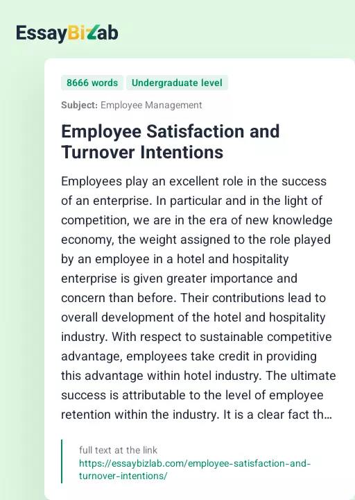 Employee Satisfaction and Turnover Intentions - Essay Preview