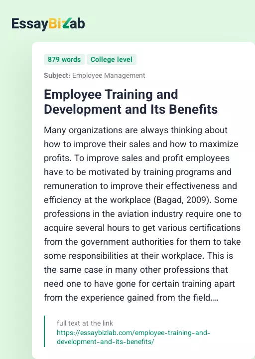 Employee Training and Development and Its Benefits - Essay Preview