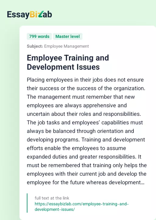 Employee Training and Development Issues - Essay Preview