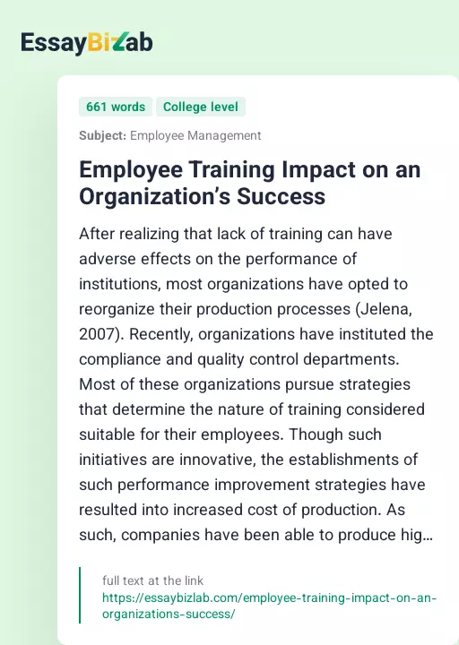 Employee Training Impact on an Organization’s Success - Essay Preview