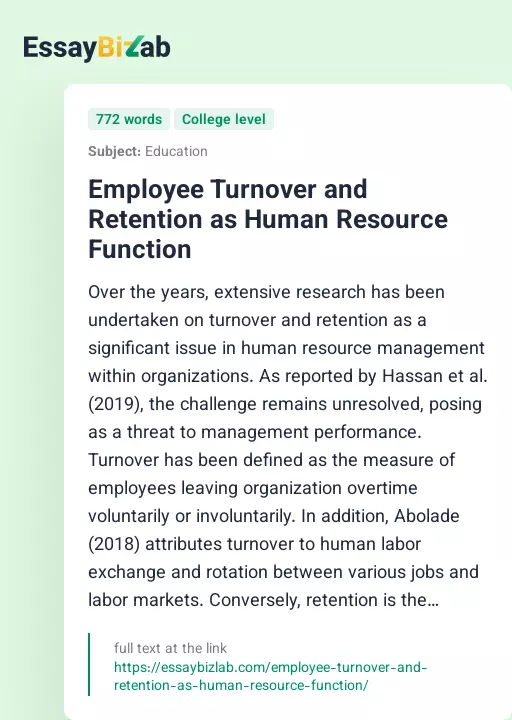 Employee Turnover and Retention as Human Resource Function - Essay Preview