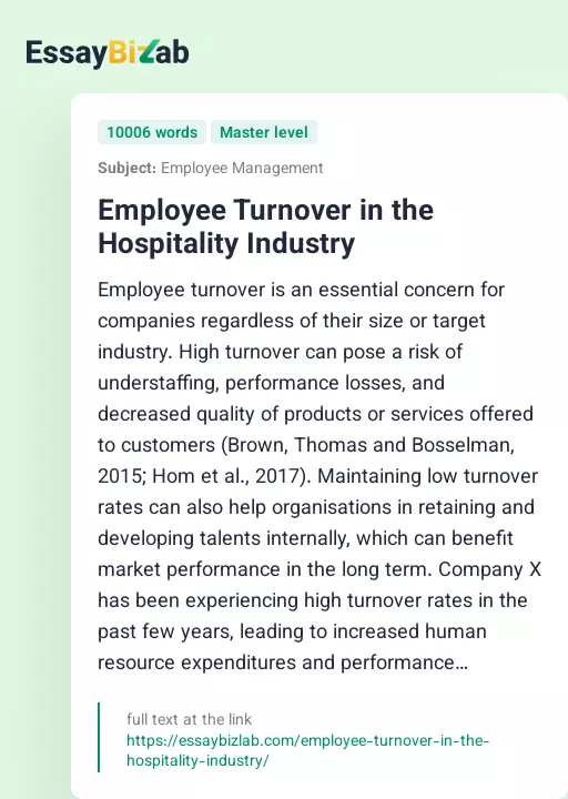 Employee Turnover in the Hospitality Industry - Essay Preview