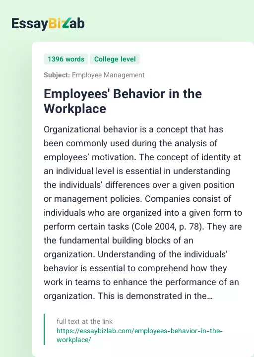 Employees' Behavior in the Workplace - Essay Preview