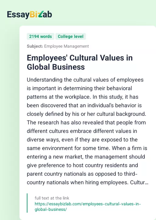 Employees' Cultural Values in Global Business - Essay Preview