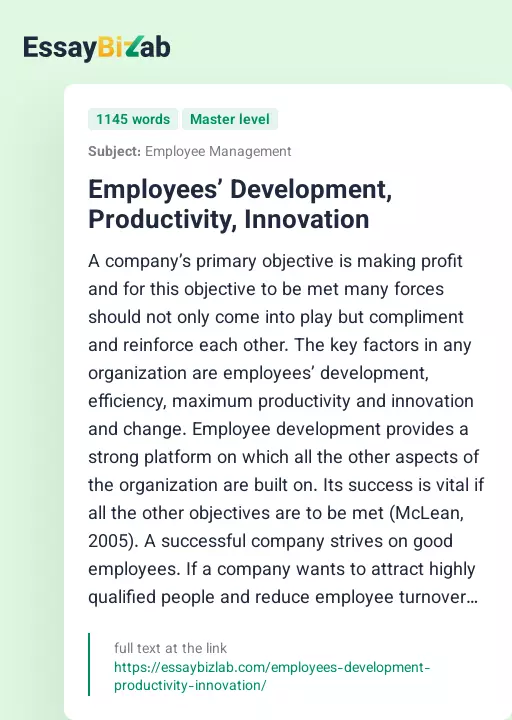 Employees’ Development, Productivity, Innovation - Essay Preview