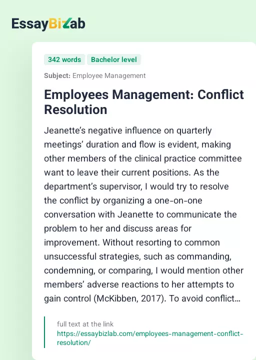 Employees Management: Conflict Resolution - Essay Preview
