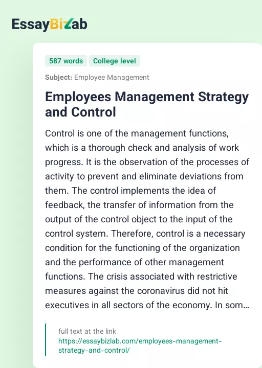 Employees Management Strategy and Control - Essay Preview