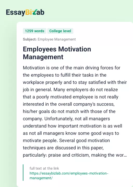 Employees Motivation Management - Essay Preview