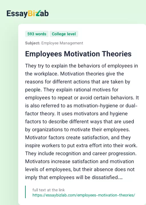 Employees Motivation Theories - Essay Preview