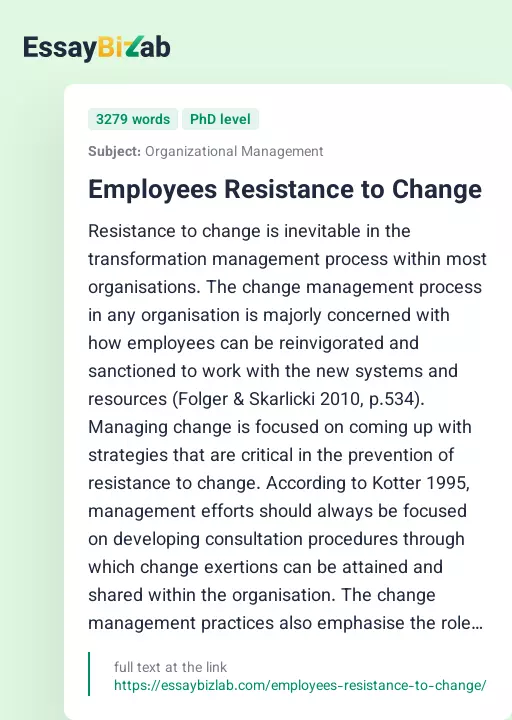 Employees Resistance to Change - Essay Preview