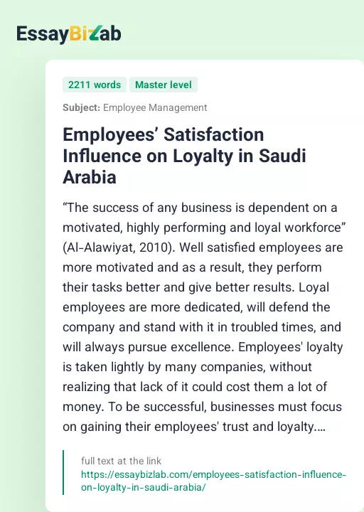 Employees’ Satisfaction Influence on Loyalty in Saudi Arabia - Essay Preview