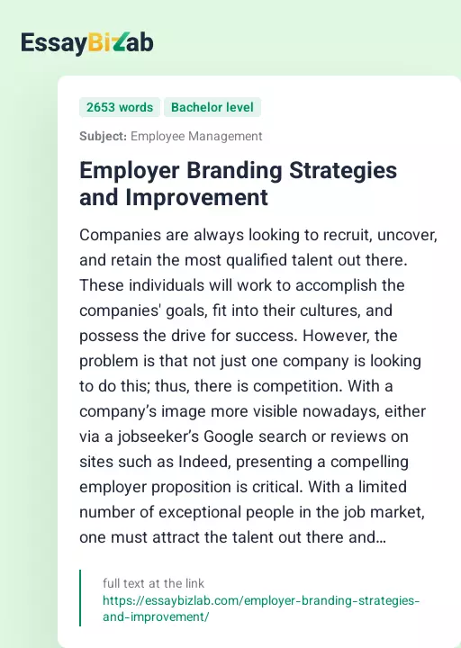 Employer Branding Strategies and Improvement - Essay Preview
