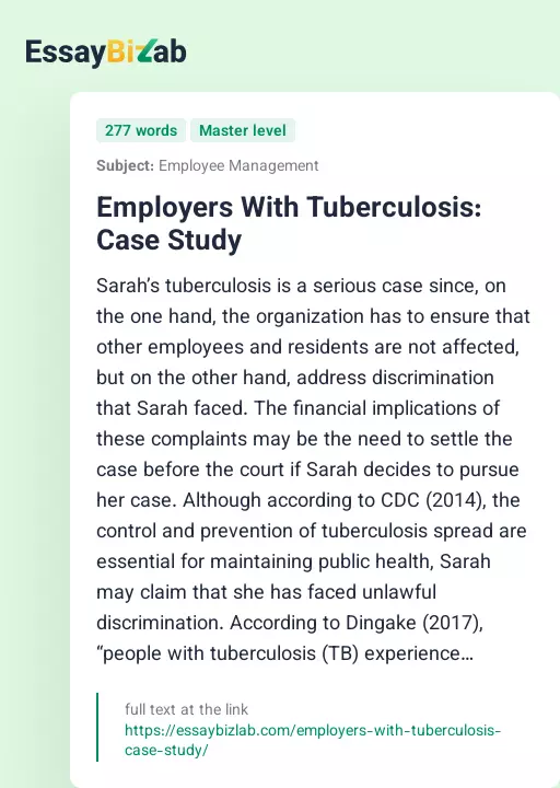 Employers With Tuberculosis: Case Study - Essay Preview
