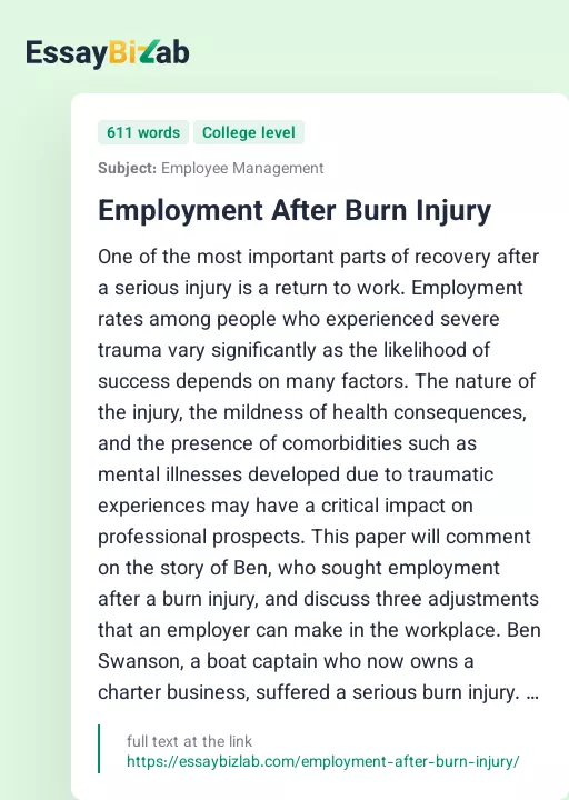Employment After Burn Injury - Essay Preview