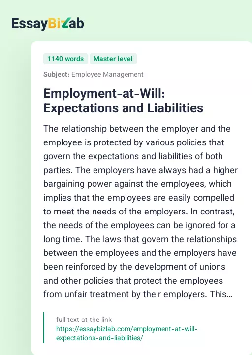 Employment-at-Will: Expectations and Liabilities - Essay Preview