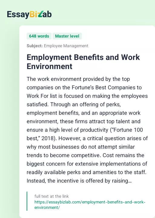 Employment Benefits and Work Environment - Essay Preview