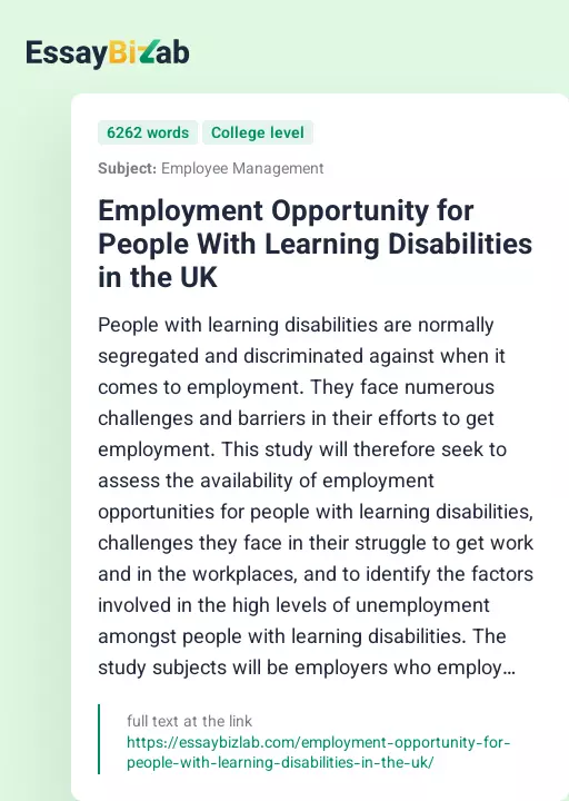 Employment Opportunity for People With Learning Disabilities in the UK - Essay Preview